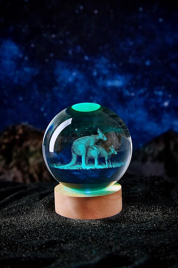 Kangaroo Crystal Ball Lamp with LED Wooden Base, 16 Colors Change & Remote Control Crystal Ball Night Light, Upgraded 3.15 Inch Glass Light, Gift for Kids Wife Girlfriend (Kangaroo)