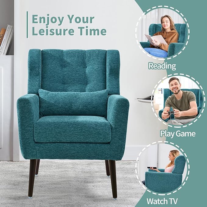 Modern Accent Chair, Upholstered Arm Chair with Waist Pillow, Single Sofa Chair for Living Room Bedroom Small Spaces (Teal)
