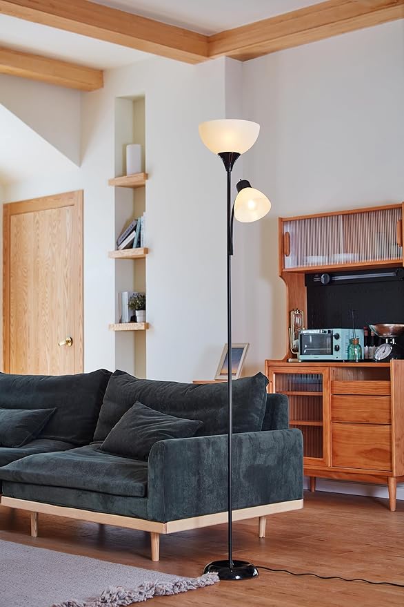 GLOBE Electric 67135 72" Torchiere Floor Lamp and Adjustable Reading Light, Matte Black, Frosted Shade, Dual Rotary Switch, 3-Step Dimming, Modern Lighting for Living Room or Office