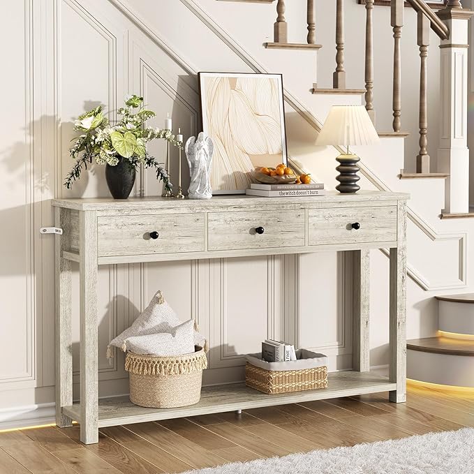 Homieasy Farmhouse Console Table with 3 Drawers, 47 Inch Wood Sofa Table with Storage Shelf for Living Room, Behind Couch, Entryway Table for Hallway, Living Room, or Foyer, Light Rustic Oak