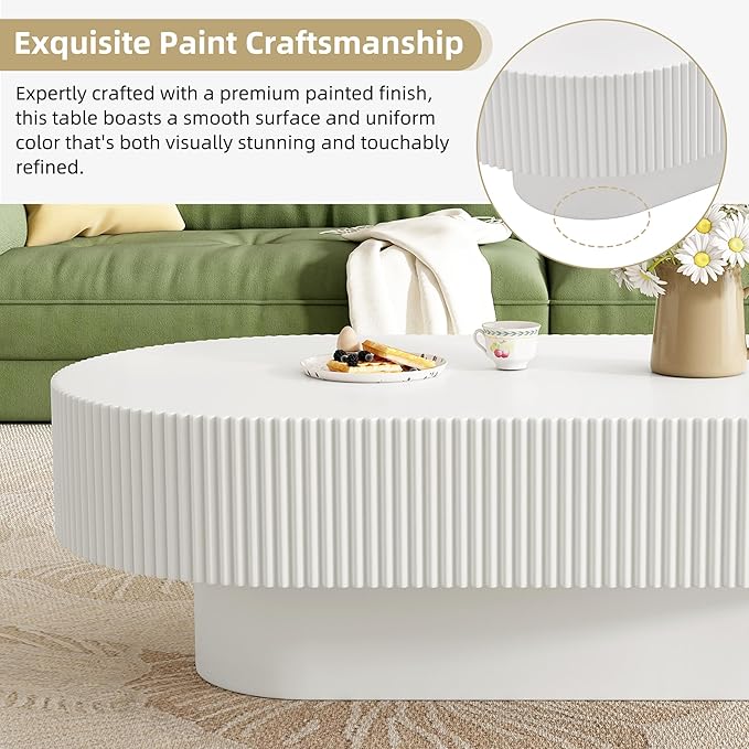 43.3" Oval Fluted Coffee Table, Modern Wood Pedestal Coffee Table, White Fluted Tea Center Table with Thick Tabletop & Sturdy Pedestal for Living Room Apartment- Easy Assembly
