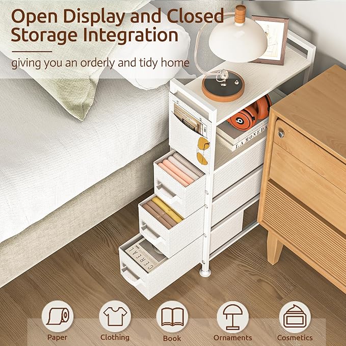 3 Drawer Small Narrow Side End Table for Small Spaces, Slim Nightstand Bedside Sofa Table with Wheels, Space Saving Skinny Thin Couch Desk with Storage Bag for Bedroom Living Room Bathroom,White