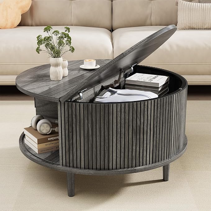 Mid Century Round Coffee Table, Fluted Center Table with Sliding Door, Modern Dining Table with Storage for Home Living Room Office, 31.5", Gray