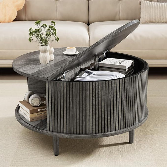 Mid Century Round Coffee Table, Fluted Center Table with Sliding Door, Modern Dining Table with Storage for Home Living Room Office, 31.5", Gray