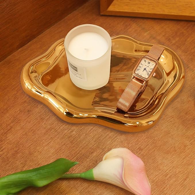 Ceramic Jewelry Tray Trinket Dish, Decorative Cloud Vanity Key Tray for Women, Ring Holder Dish, Cute Jewelry Plate Bowl Room Decor Aesthetic, Gold, Large