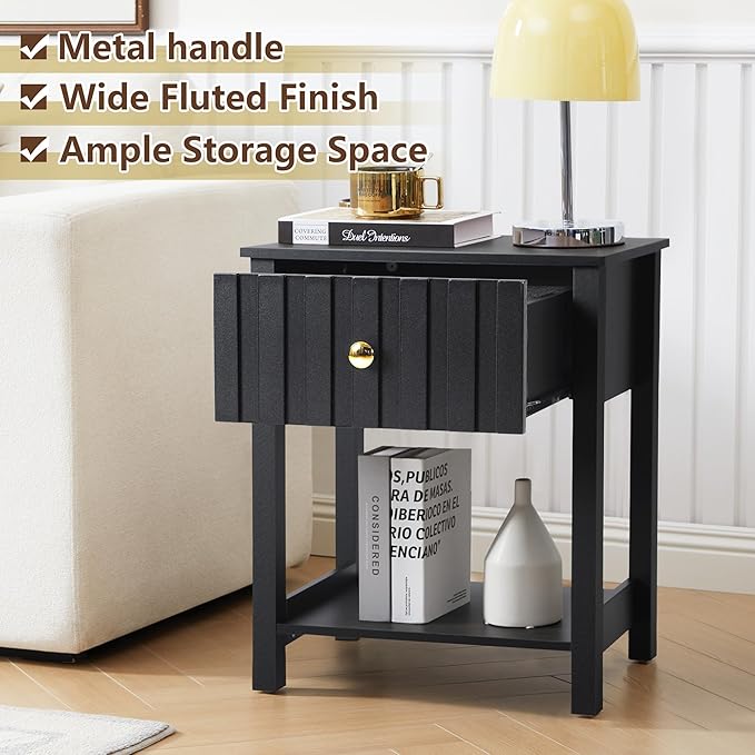 Wood Nightstand, 21.65" H Bedside Table with Wide Fluted Finish, Modern Night Stands with Drawer, Mid Century End Table for Bedroom (Black)