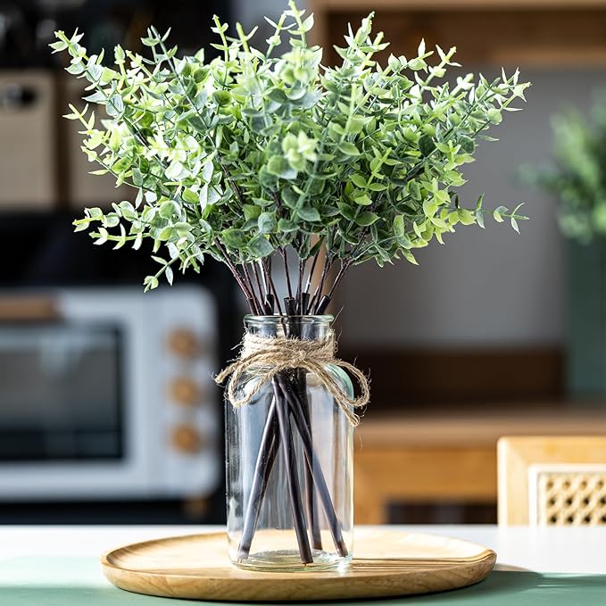 14" Artificial Eucalyptus Stems in Glass Vase, Fake Plants Faux Eucalyptus Branches Greenery Stems for Home Decor Farmhouse Wedding Table Decoration (1)