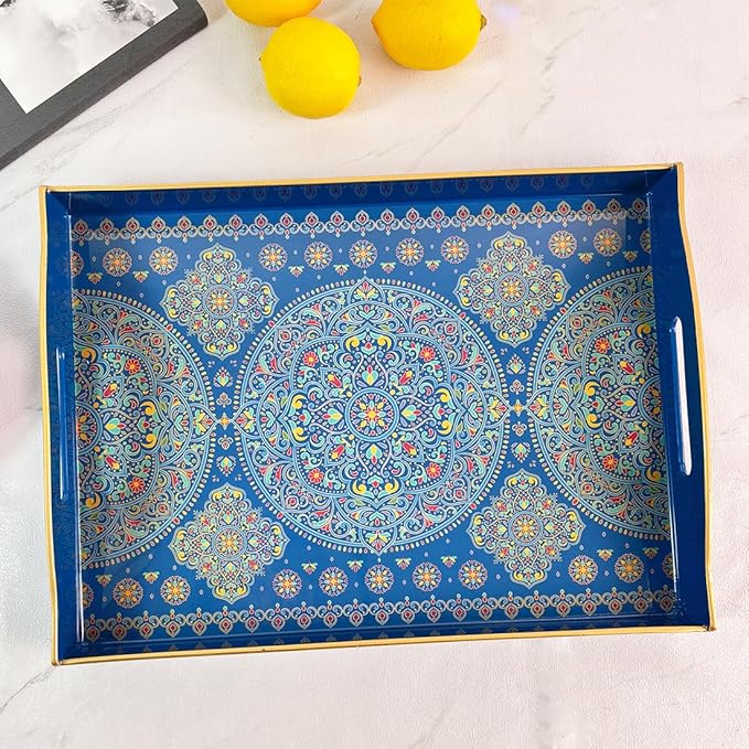 Boho Blue Decorative Tray, Serving Tray with Handles, Plastic Tray for Coffee Table, Ottoman - Ideal for Living Room & Bathroom. 15” x 11” x 2.5”