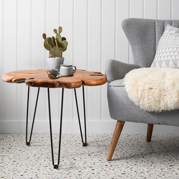 23.6 Inch Live Edge Side Table, Wood Freeform Small End Table with Waterproof, Rustic Accent Table Unique for Living Room, Bedroom, Home