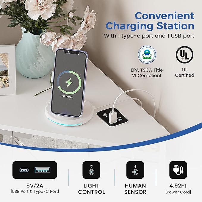 Corner Cabinet with Glass Doors, Small Storage Cabinet with LED Lights and Charging Station, 2-Tier Curio Cabinet with Storage for Living Room, Bedroom or Kitchen, White