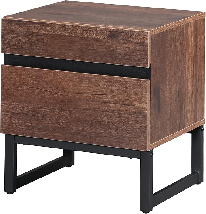 WAMPAT Modern End Table with 2 Drawers, Farmhouse Sofa Table with Black Square Iron Leg, Wood Rustic Side End Table for Living Room, Nighstand for Bedroom, Brown
