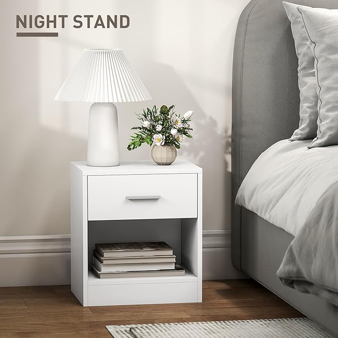 HOMCOM Modern Side Table, Accent Table with Drawer and Storage Shelf, End Table for Living Room, White Wood Grain