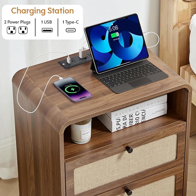 Modern Night Stand with Charging Station and 2 Drawers, Wooden Side Table Curved Nightstands with USB/Type-C Ports, Large Mid Century End Table for Living Room, Bedroom, Nature Linen, Walnut