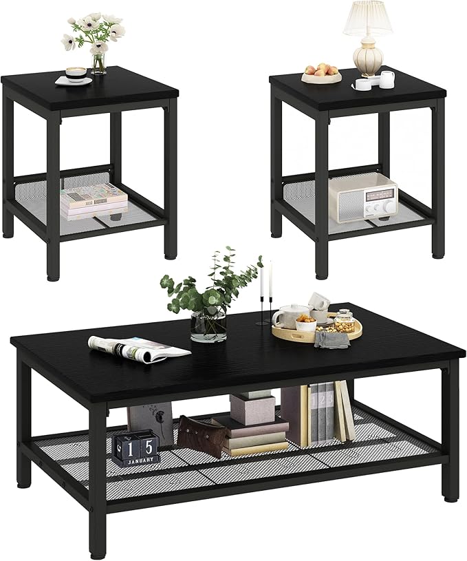 AWQM Coffee Table Set of 3, Industrial Coffee Table with 2 Square End Side Tables, Modern Living Room Table Set with Metal Frame for Apartment Home Office, Black