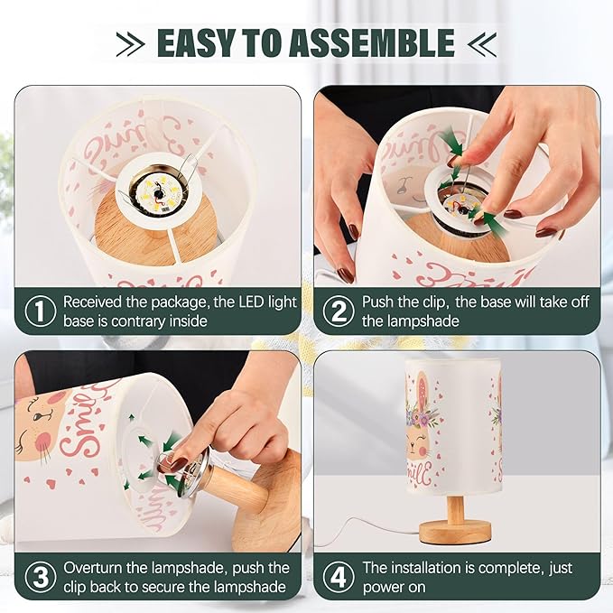 Table Lamp Easter Bunny in Floral Wreath Heart Nightstand Lamp with Wood Base Fabric Lamp Shade Bedside Desk Lamp for Living Room Bedroom Kids Room Office