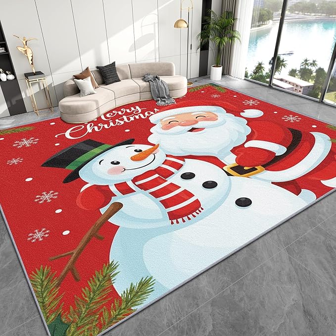 Merry Christmas Rug Red - 5x6 Rug, Santa Claus Living Room Rugs, Merry Christmas Bedroom Rugs, Snowman Carpet, Xmas Holiday Home Decor & Gifts