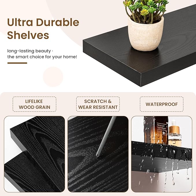 16in Floating Shelves for Wall, 16"W x 9.25"D x 1.25"H, 2 Pack Long Wall Mounted Engineered Wood Shelves with Invisible Brackets for Living Room, Bedroom, Bathroom, Kitchen Decor and Storage, Black