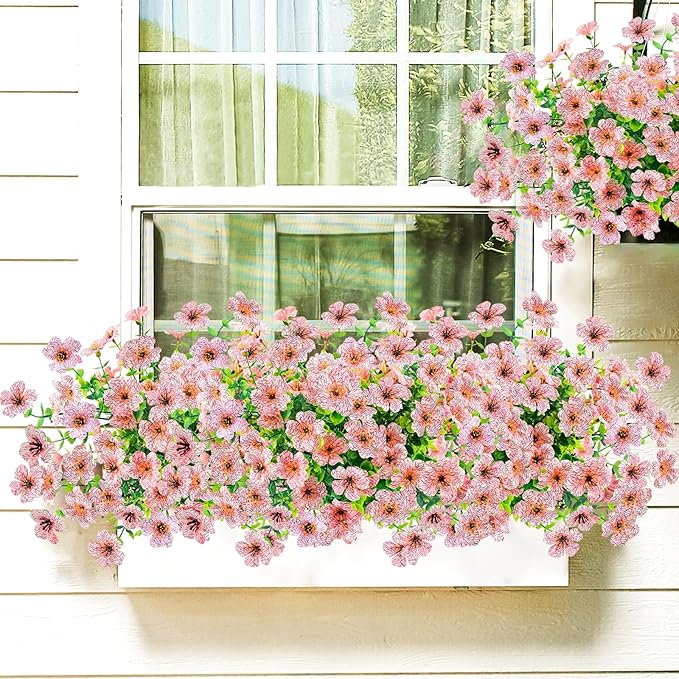 Agusbagli 10 Bundles Artificial Flowers Outdoor UV Resistant Fake Flowers No Fade Faux Plastic Greenery Shrub Plants for Wedding Home Garden Window Box Fireplace Thanksgiving Christmas Decor, Pink