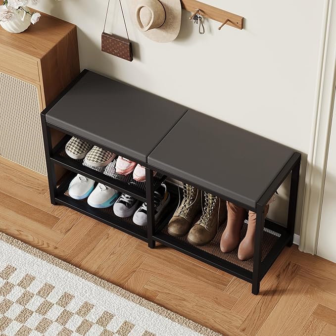 ZHOOGE Shoe Bench & Rack Storage Bench - Entryway Bench with Seat Cushion, Stable Organizer for Entryway & Living Room, Holds Up to 300 lb, (35" L x 12" W x 17" H, Black)