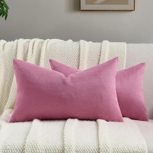 FUTEI Hot Pink Chenille Throw Pillow Covers 12x20 Inch Set of 2,Soft Wide Chevron Textured Lumbar Pillow Cases,Farmhouse Home Decor for Couch Living Room