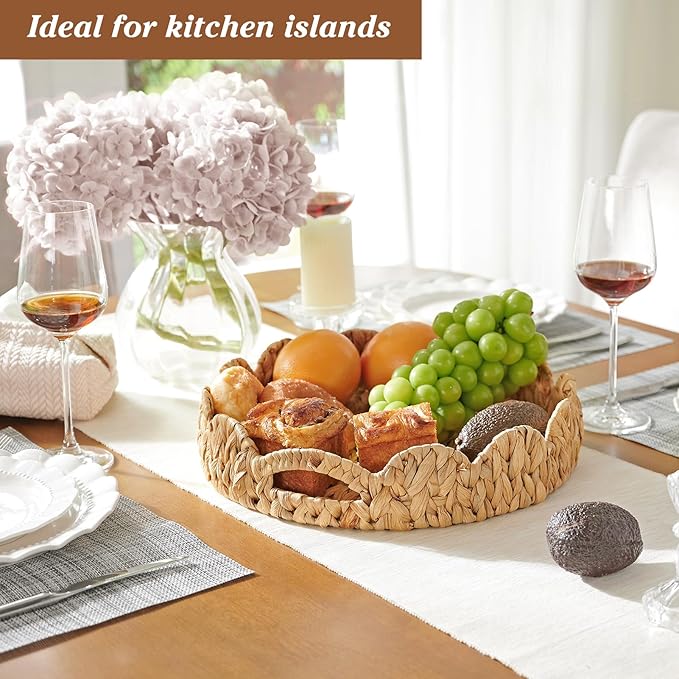 Scalloped Tray, 13.8" Large Round Basket Tray Wicker Rattan Serving Tray2 with Handles, Scallop Basket Table Décor Trays, Water Hyacinth Round Rattan Tray1 for Ottoman Decorative