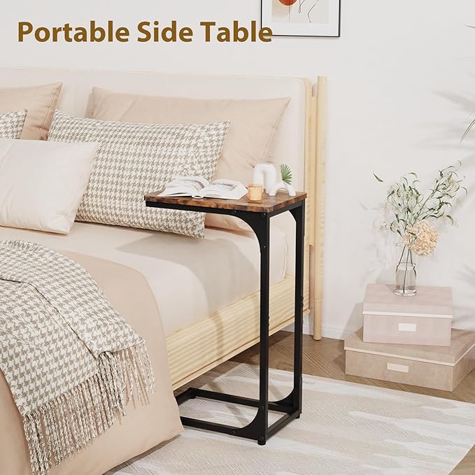 Narrow C Shaped End Tables Living Room TV Trays Set of 2, Small Thin Farmhouse Side Table Skinny Slide Under Couch Tray Tables for Sofa Bedroom Small Space 7 inch Width, Rustic Brown