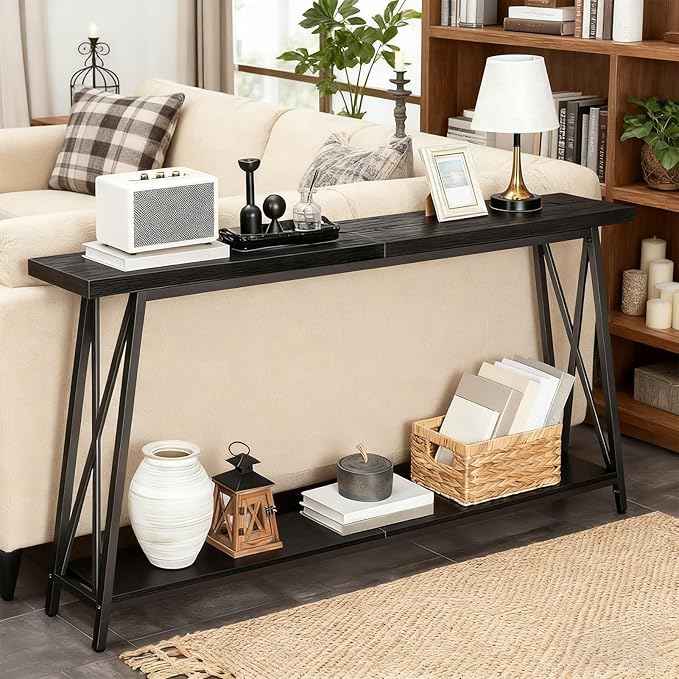63" Solid Wood Entryway Table Narrow with Shelves, 2-Tier Storage Long Couch Table Behind Sofa Console Tables for Living Room, Entrance, Hallway, Foyer(Black,51.2"x9.8"x31.5")