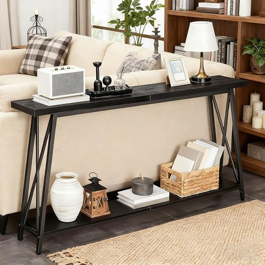 63" Solid Wood Entryway Table Narrow with Shelves, 2-Tier Storage Long Couch Table Behind Sofa Console Tables for Living Room, Entrance, Hallway, Foyer(Black,51.2"x9.8"x31.5")