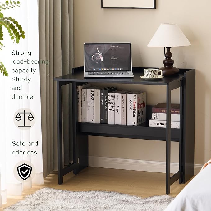 Folding Table with Storage Shelf,32.7 Inch Foldable Computer Desk for Small Spaces,Small Writing Desk for Bedroom Home Office Dorm and Apartment (Black)
