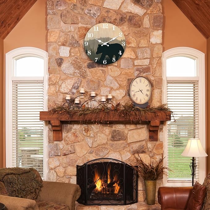 XFM Cabin Bear Wall Clock 16 Inch Silent Wooden Wall Clocks Battery Operated Rustic Forest Wildlife Clock for Lodge Living Room Kitchen Office