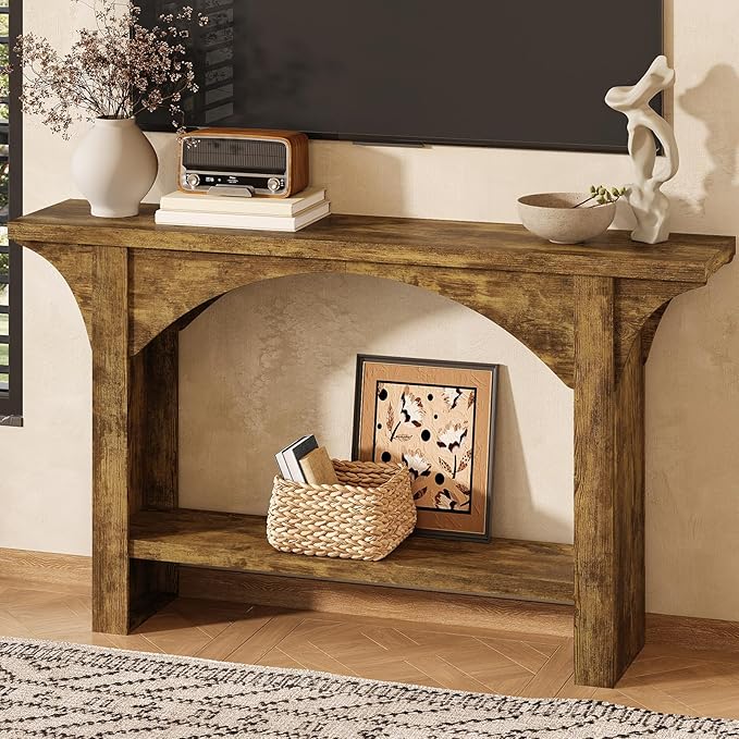 55 Inches Console Table,2 Tier Farmhouse Entryway Table,Narrow Wood Accent Tables with Storage Shelves for Living Room,Entrance,Hallway,Foyer (Brown)