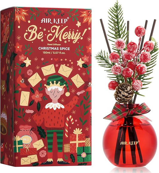 Airkeep Christmas Reed Diffusers Set, 5.07 oz Christmas Spice Scented Diffuser with 8 Sticks,Long Lasting Home Fragrance for Long Days, Perfect for Bathroom, Shelf Decor, Air Fresheners