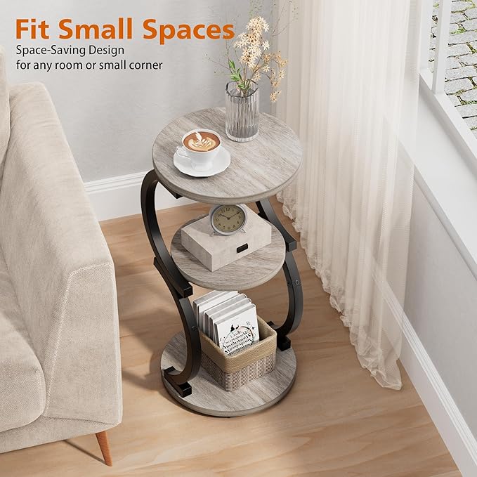 JUSTOGO Small Round Side Table, 3-Tier End Table for Living Room, Vintage Nightstand for Small Spaces Sofa Couch Corner Bedside Bedroom, S-Shaped Wood Accent Table Matel Coffee Table, Greige