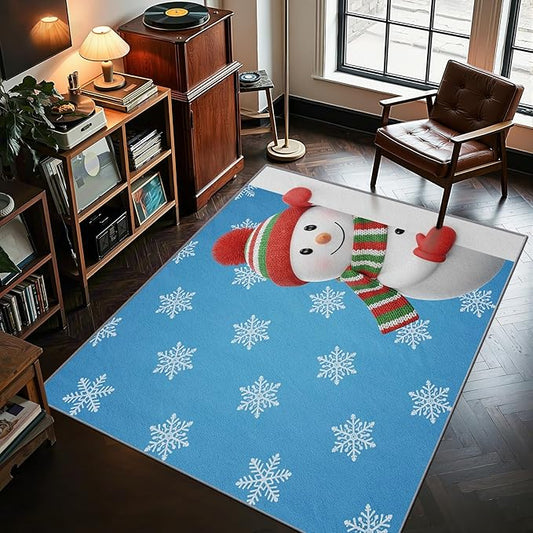Snowman Rug Blue - 5x7 Rug, Christmas Snowflake Living Room Rugs, Snowman Bedroom Rugs, Kids Cartoon Xmas Carpet, Holiday Home Decor & Gifts