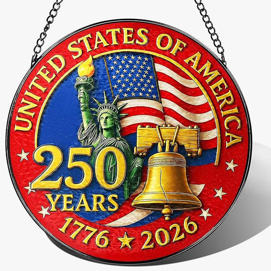 8-Inch 250 Years of America Stained Glass Ornament, Stained Glass Window Hanging, 1776-2026 Liberty Bell Decoration – American Independence Day, July 4 Decor | Gifts for Patriotic People