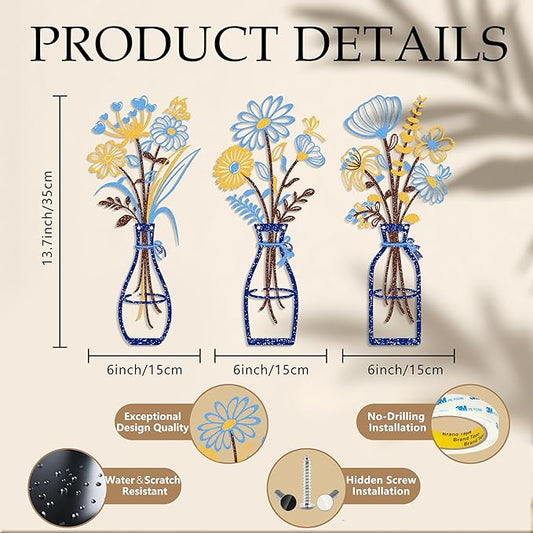 Iron Metal Vase Flower Wall Art Set of 3 - Minimalist Black Floral Decor for Living Room Bedroom Kitchen, Office Garden - Modern Farmhouse Home Decor & Housewarming Gifts (Blue-Yellow)