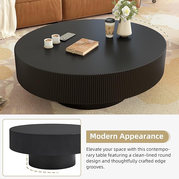 WILLIAMSPACE 31.5" Black Round Coffee Table with 6.8" Thick Tabletop & Sturdy Base, Modern Drum Center Table Circle Accent Side Table for Living Room, Minimalist Fluted Design, Black
