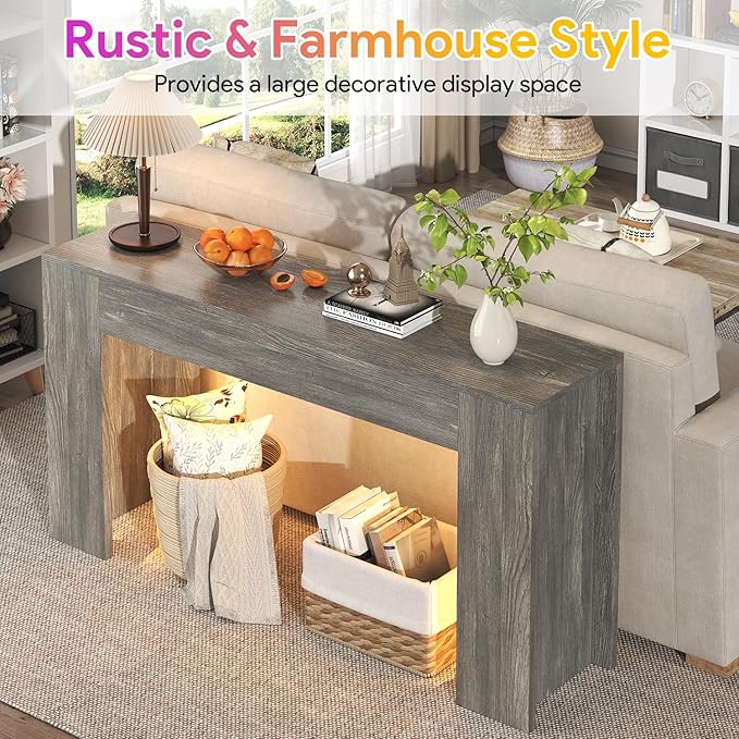 63-Inch Long Console Table with LED Light, Farmhouse Sofa Table Behind Couch, Wooden Console Table for Entryway Hallway Entrance Living Room, Gray