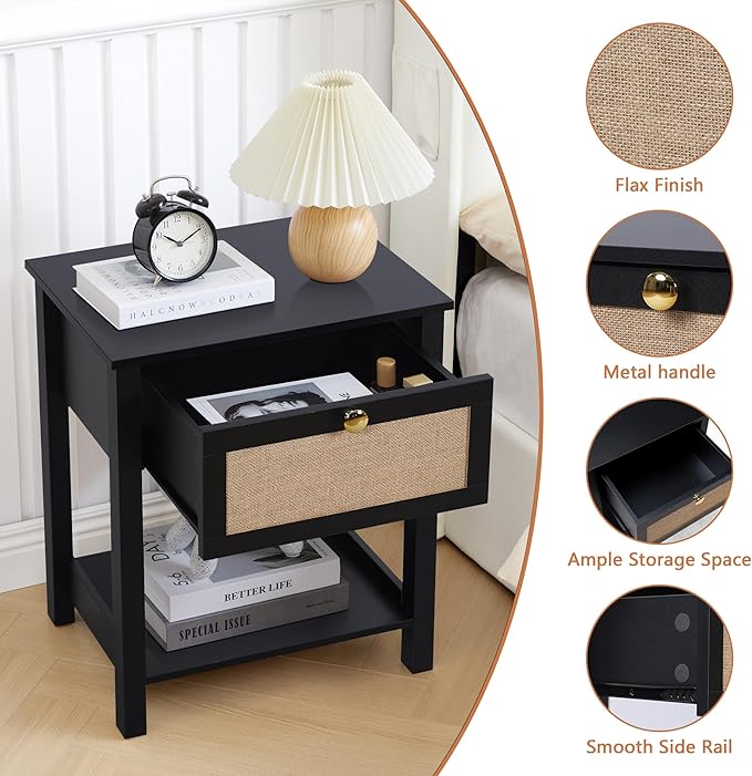 Wood Nightstand, 21.65" H End Table with Flax Finish, Modern Night Stands with Drawer, Farmhouse Bedside Table for Bedroom Living Room (Black)
