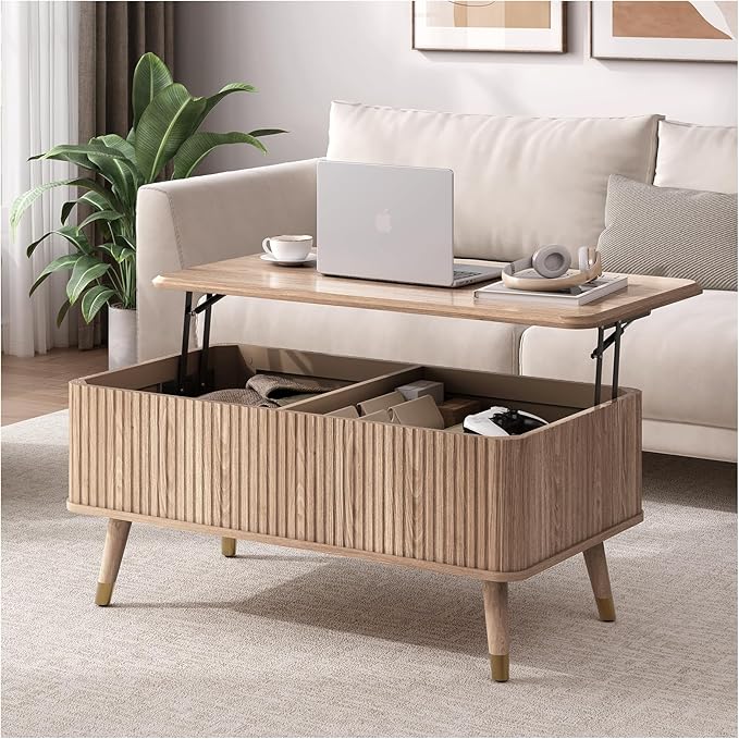 Lift Top Coffee Table with Storage Shelf & Hidden Compartment, Mid Century Modern Fluted Rectangle Dining Table for Living Room, Home Office, Natural Oak