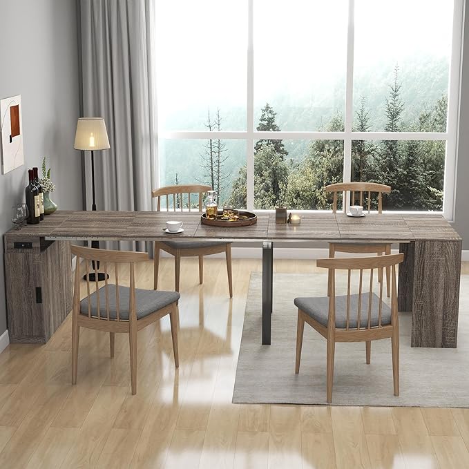 24"-118" Extendable Dining Table with Storage for 2-12 People, Modern Space-Saving Extra Long Wood Folding Table with USB & AC Outlets, Multifunctional Conference Meeting Desk, Oak