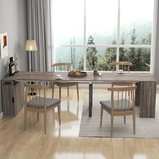 24"-118" Extendable Dining Table with Storage for 2-12 People, Modern Space-Saving Extra Long Wood Folding Table with USB & AC Outlets, Multifunctional Conference Meeting Desk, Oak