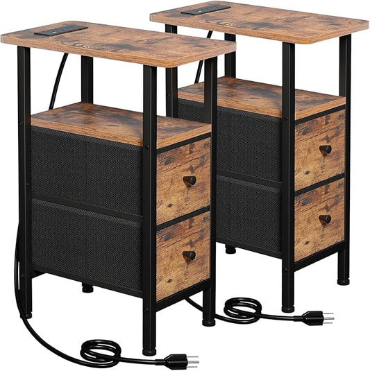 Narrow Nightstand with Charging Station, End Tables Living Room Set of 2, Skinny Side Table with Fabric Drawers, Slim Sofa Table for Bedroom, Small Spaces, Couch, Brown, HETNDP02BR