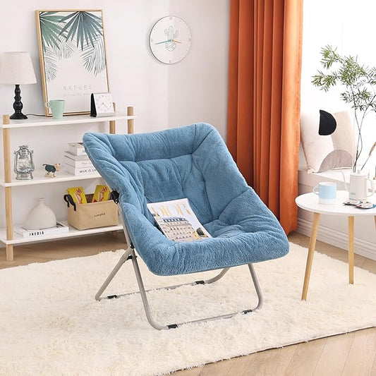 Saucer Chair, Comfy Bedroom Chairs, Oversized Folding Faux Fur Chair, Foldable Metal Frame Chair for Bedroom, Living Room, Balcony, Patio (Blue)