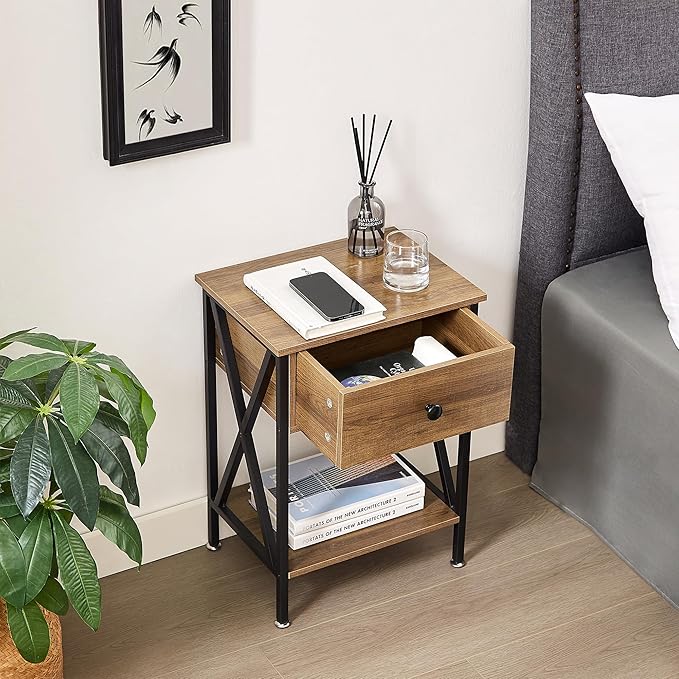 VECELO Nightstands Set of 2, Modern Bedside End Tables, Night Stands with Drawer and Storage Shelf for Living Room Bedroom, Industrial Metal Frame