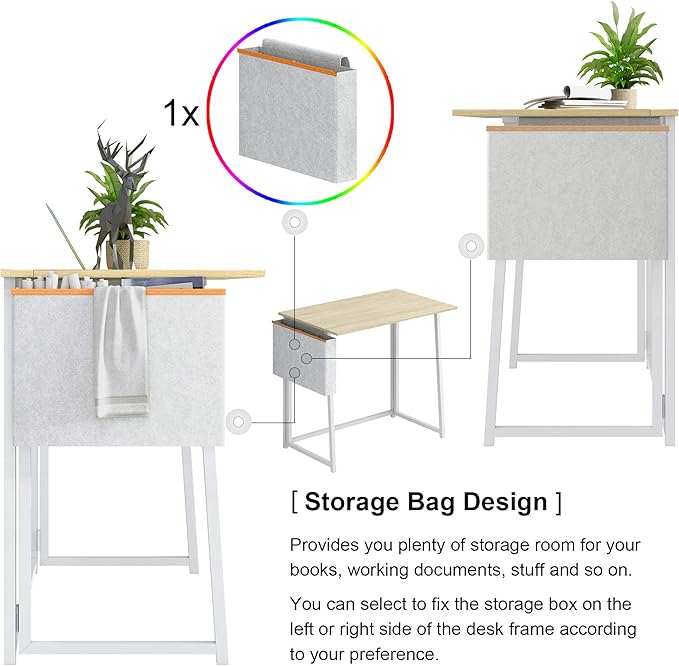 4NM 31.6" Small Folding Desk, Foldable Computer Home Office Desk, Study Writing Table for Small Space Saving Bedroom, with Storage Bag - Natural and White