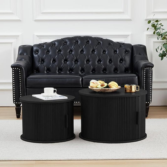 Round Coffee Table, 2 Piece Coffee Table Set with Storage Space and Sliding Door, Modern Fluted Coffee Side Table for Living Room, Office, Bedroom (Black)