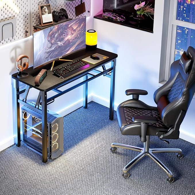 BYMECOST 39.4" Folding Desk, No Assembly Computer Desk, Small Foldable Table with Storage Shelf, Study Table for Small Space, Writing Desk Compact Desk for Home Office (Black, 39.4")