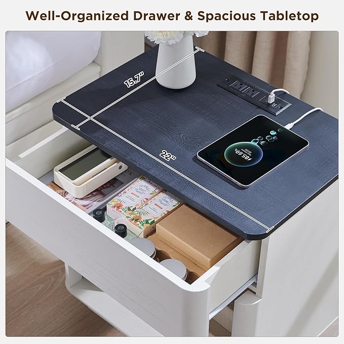 ACCOHOHO Modern Nightstand with Charger Station, 22" Wide Night Stand with Storage Drawer & Open Shelf, Large Bedside Table for Bedroom, Wood End Table, Curved Profile, White