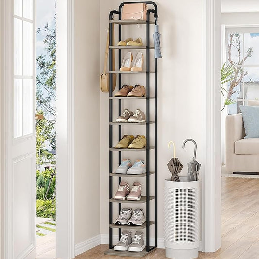 10 Tiers Vertical Shoe Rack, Narrow Shoe Tower, Tall Shoes Shelf with 2 Hooks, Adjustable Shelves, Corner Shoes Shelves for Small Spaces, Entryway, Living Room, Greige SR11205B